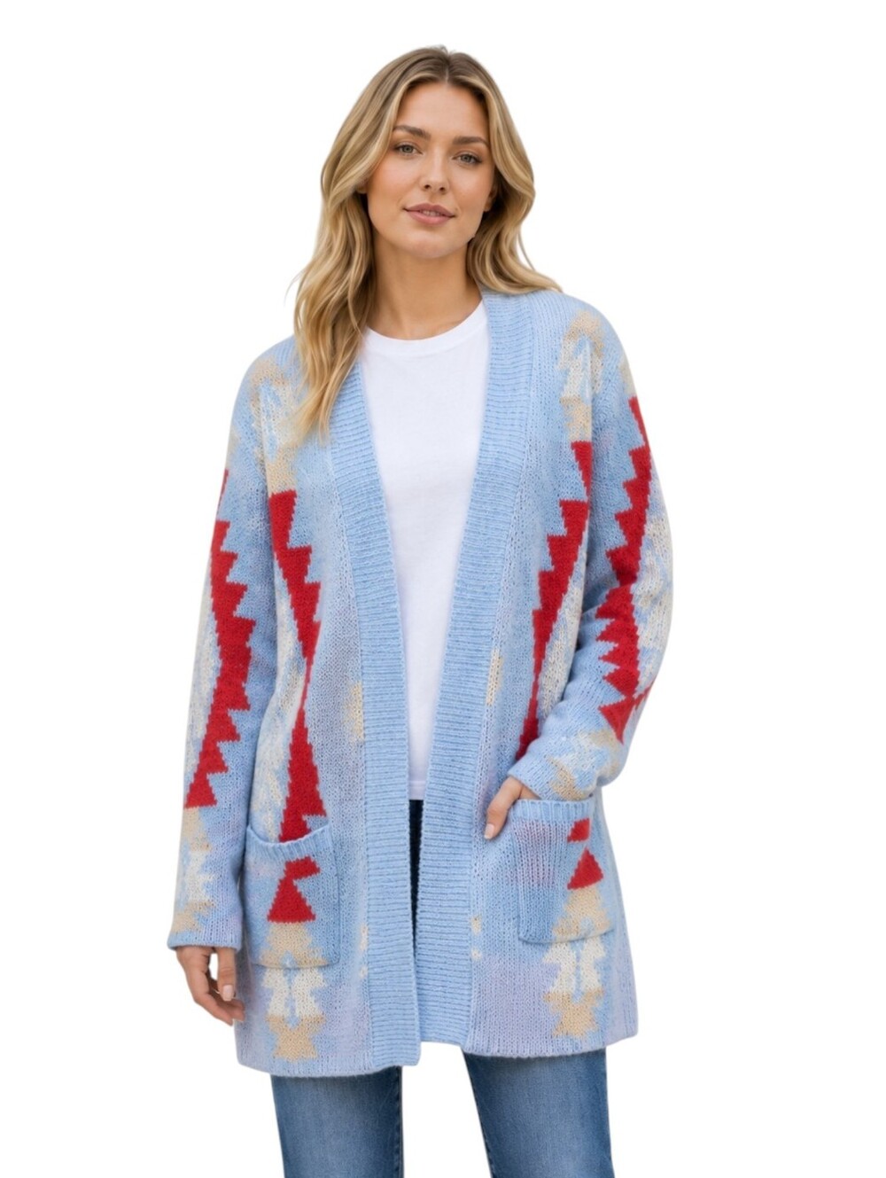 Umgee Open Front Cardigan Aztec Diamond Knit Sky Blue Boho Western Medium